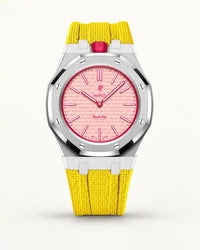 Yellow textile-effect strap for AP x Swatch Royal Pop Otto Rosso, silver case (crown at 12 o'clock)