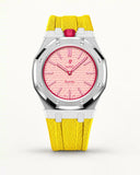 Yellow textile-effect strap for AP x Swatch Royal Pop Otto Rosso, silver case (crown at 12 o'clock)